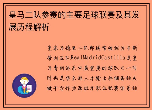皇马二队参赛的主要足球联赛及其发展历程解析